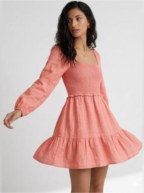 Aritzia Wilfred Tempest Linen Mini Dress XXS Chambray Sunfd Coral Prairie